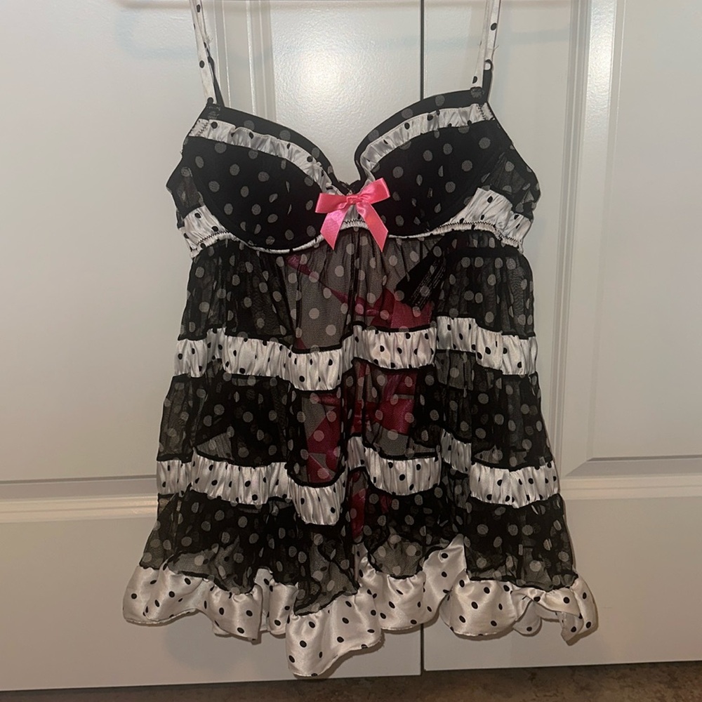 Black, white, pink babydoll lingerie with matching thong. Size 34B and small.